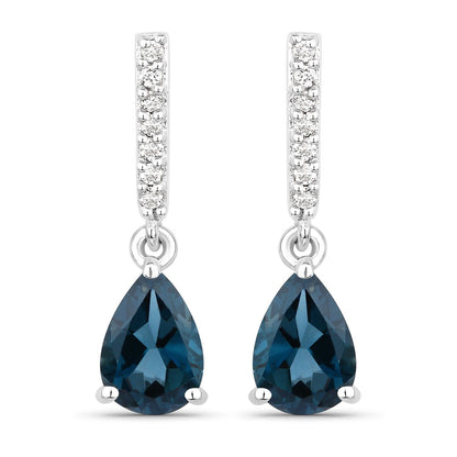 1.70 Ct Pear London Blue Topaz & Lab Diamond Prong Silver Teardrop Dangle Earrings