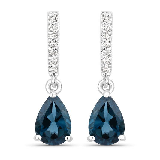 1.70 Ct Pear London Blue Topaz & Lab Diamond Prong Silver Teardrop Dangle Earrings