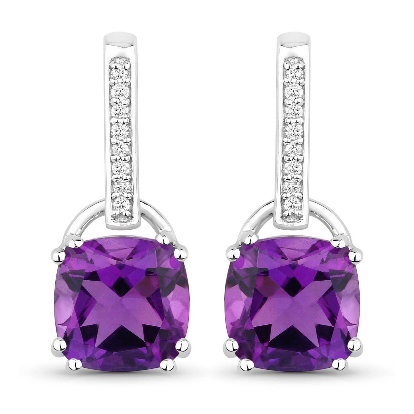 3.60 Ct Cushion Purple Amethyst & Lab Diamond Prong Silver Dangle Earrings