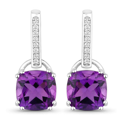 3.60 Ct Cushion Purple Amethyst & Lab Diamond Prong Silver Dangle Earrings