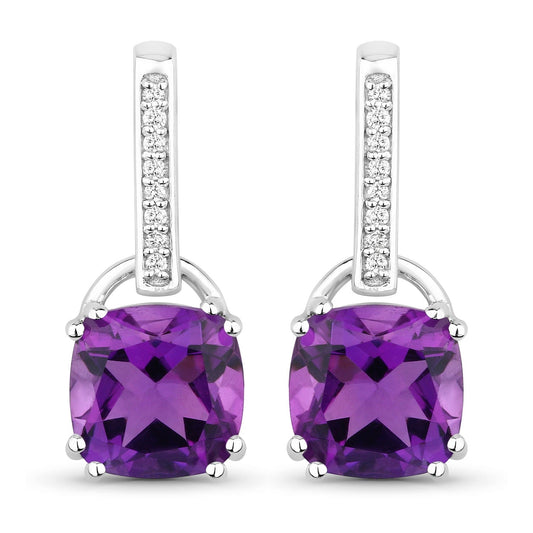 3.60 Ct Cushion Purple Amethyst & Lab Diamond Prong Silver Dangle Earrings