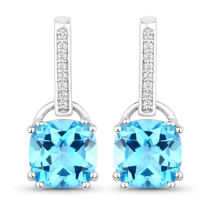 4.60 Ct Cushion Swiss Blue Topaz & Lab Diamond Prong Silver Dangle Earrings