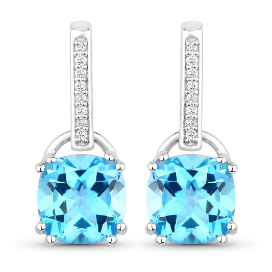 4.60 Ct Cushion Swiss Blue Topaz & Lab Diamond Prong Silver Dangle Earrings