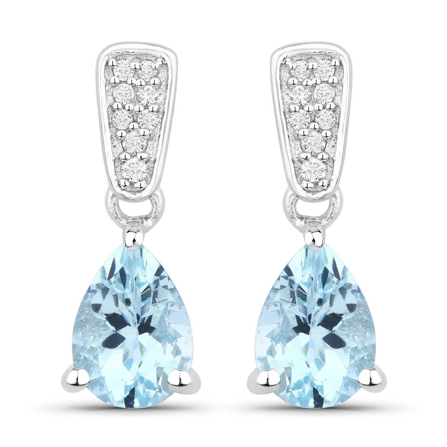 1.20 Ct Pear Blue Aquamarine & Lab Diamond Prong Silver Teardrop Dangle Earrings