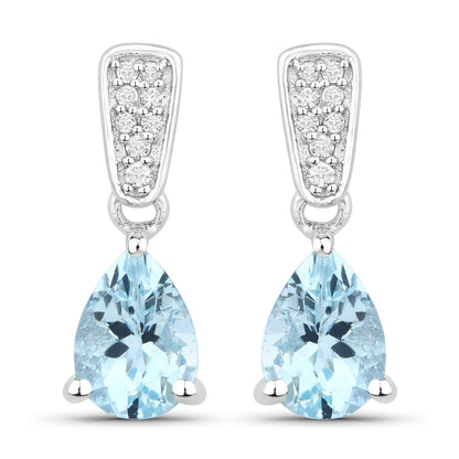 1.20 Ct Pear Blue Aquamarine & Lab Diamond Prong Silver Teardrop Dangle Earrings
