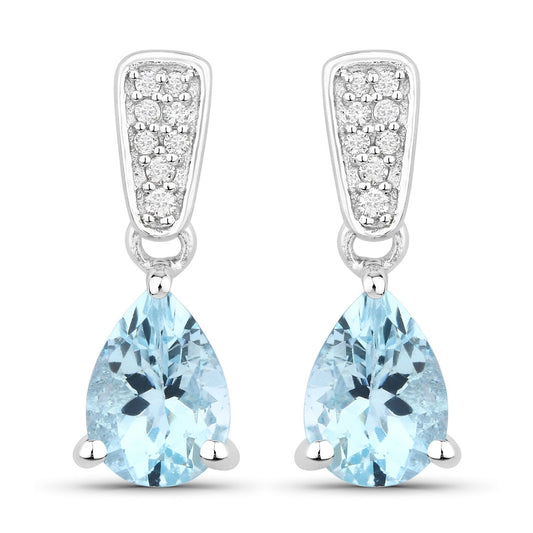 1.20 Ct Pear Blue Aquamarine & Lab Diamond Prong Silver Teardrop Dangle Earrings