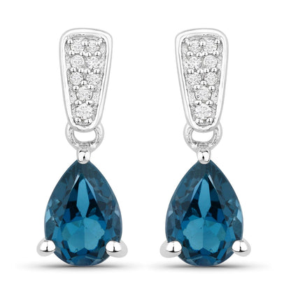 1.70 Ct Pear Deep Blue London Blue Topaz & Diamond Prong Silver Teardrop Dangle Earrings
