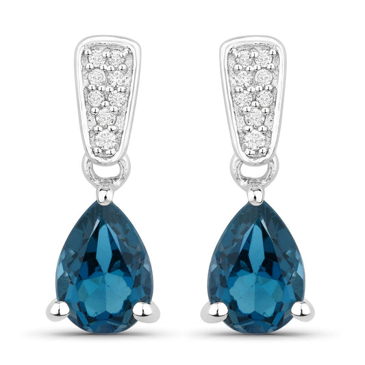 1.70 Ct Pear Deep Blue London Blue Topaz & Diamond Prong Silver Teardrop Dangle Earrings