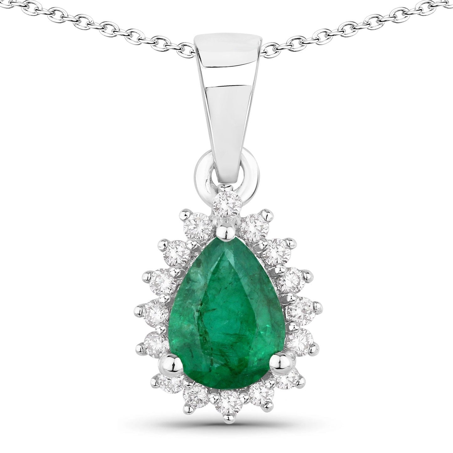 0.65 Ct pear Green Zambian Emerald and Lab Diamond Prong Silver Halo teardrop pendant Necklace