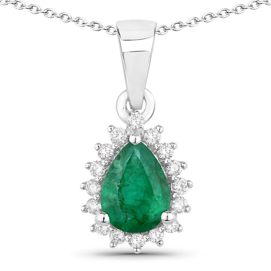 0.65 Ct pear Green Zambian Emerald and Lab Diamond Prong Silver Halo teardrop pendant Necklace
