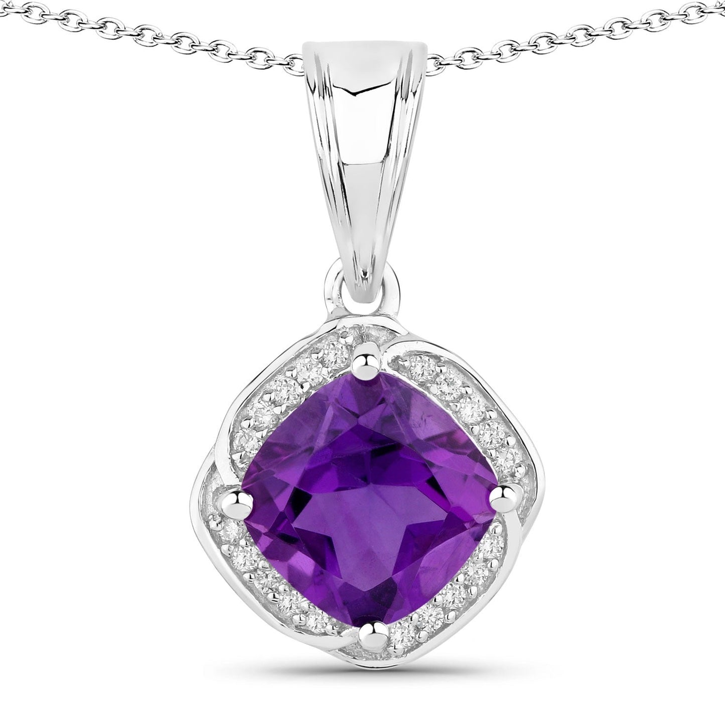 1.80 Ct Cushion Purple Amethyst and Lab Diamond Prong Silver Halo pendant Necklace