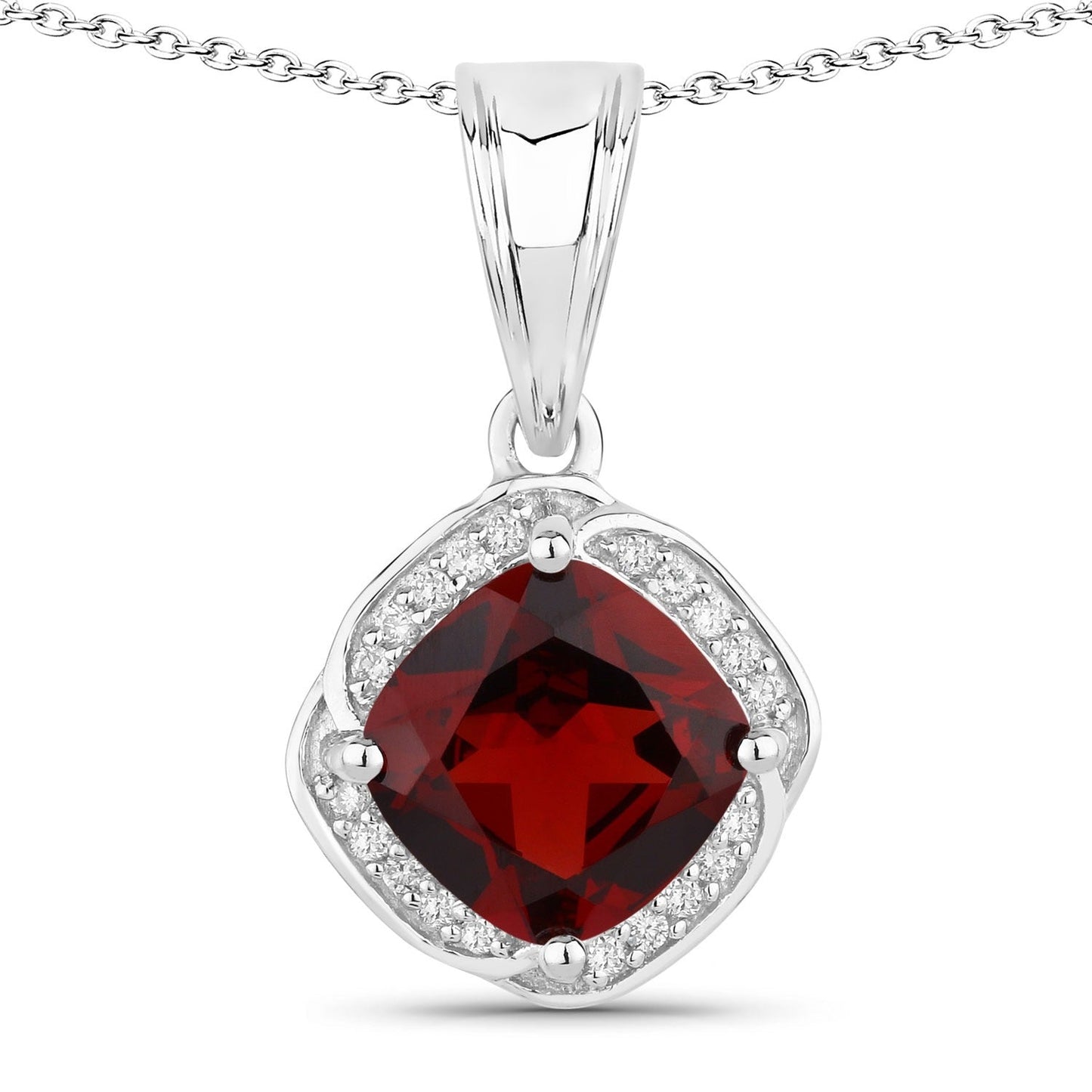 2.35 Ct Cushion Red Garnet and Lab Diamond Prong Silver Halo pendant Necklace
