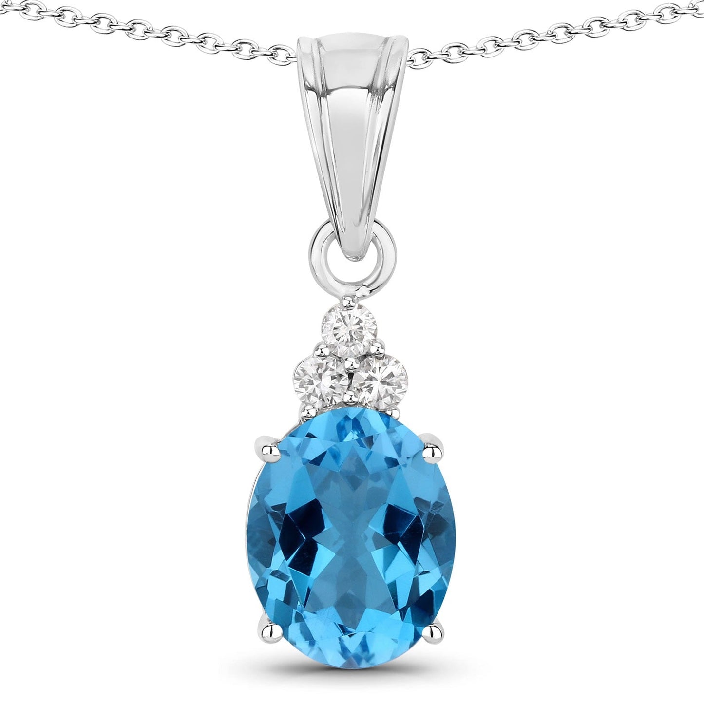 2.55 Ct oval Swiss Blue Topaz and Lab Diamond prong Silver Cocktail pendant Necklace