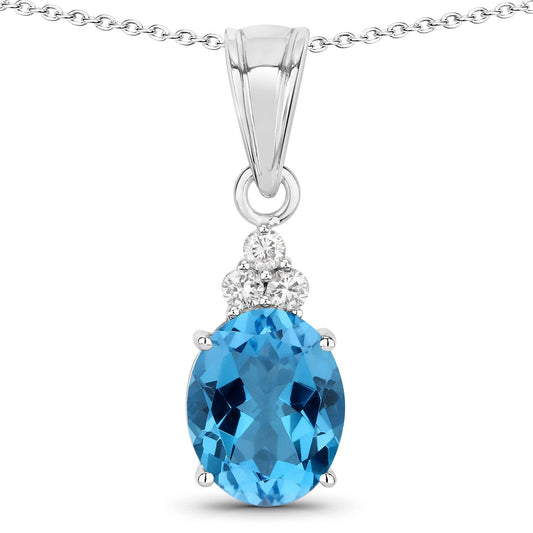 2.55 Ct oval Swiss Blue Topaz and Lab Diamond prong Silver Cocktail pendant Necklace