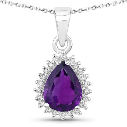 1.40 Ct pear purple Amethyst and Lab Diamond prong Silver Halo teardrop pendant Necklace