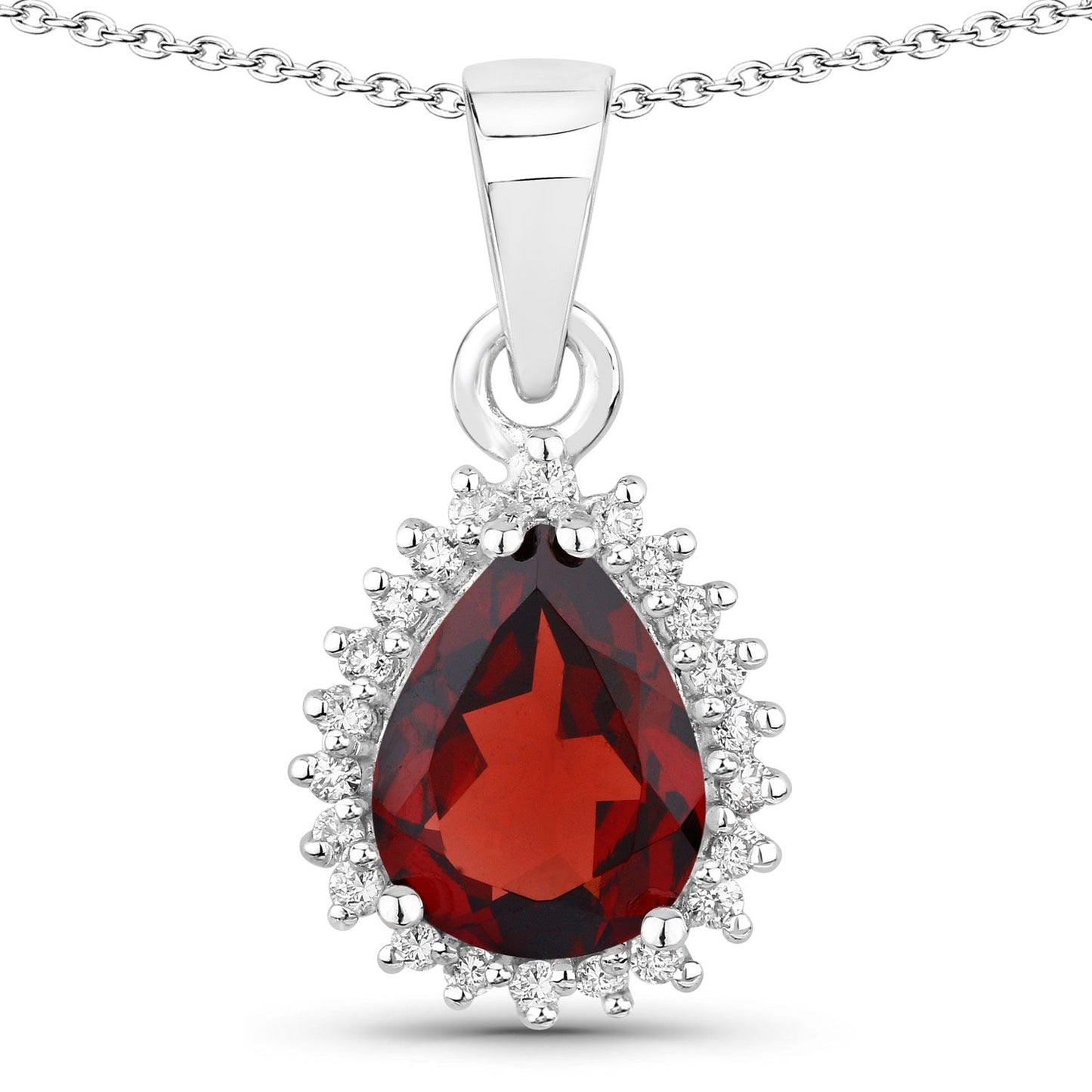 1.80 Ct pear red Mozambique Garnet and Lab Diamond prong Silver Halo teardrop pendant Necklace