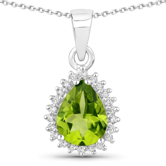 1.46 Ct pear green Peridot and Lab Diamond prong Silver Halo teardrop pendant Necklace