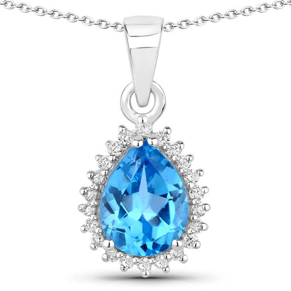 1.90 Ct pear Swiss Blue Topaz and Lab Diamond prong Silver Halo teardrop pendant Necklace