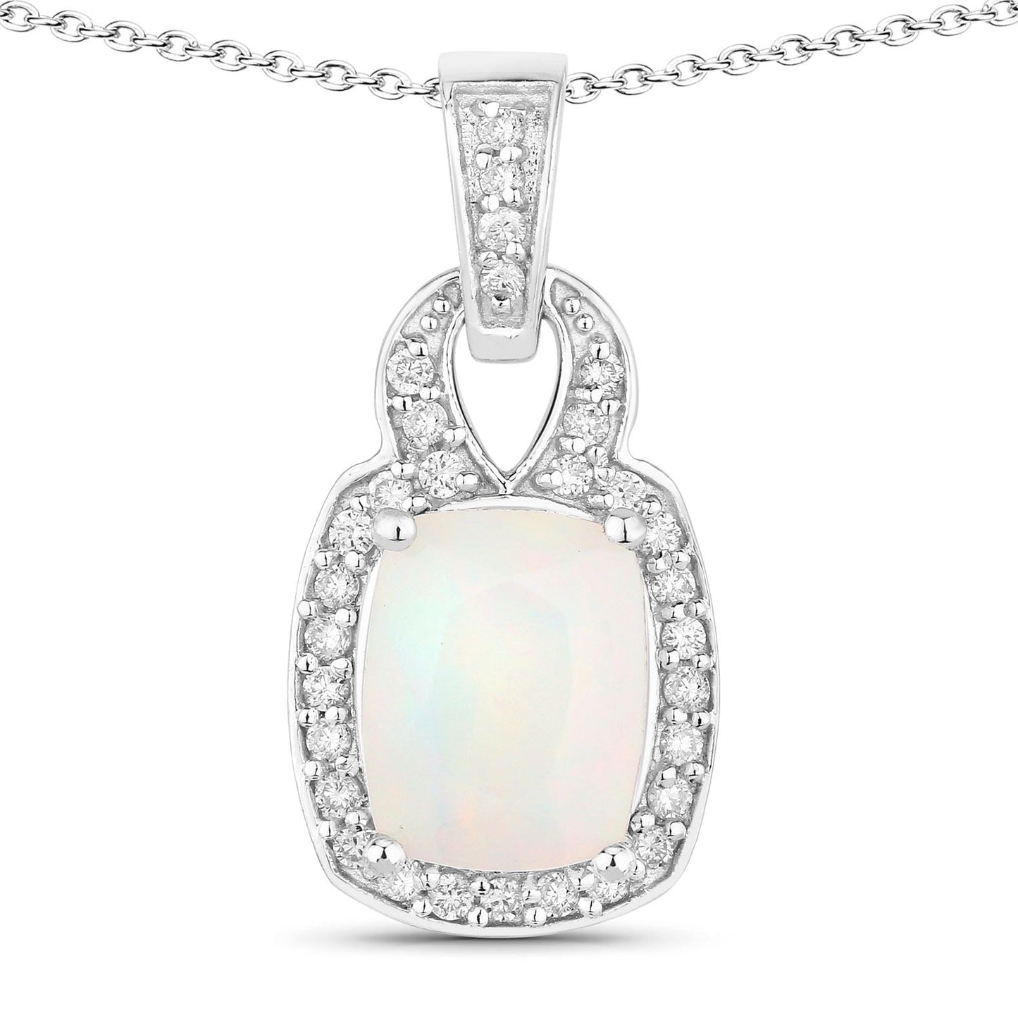1 Ct cushion white Ethiopian Opal and Lab Diamond prong Silver Slide Pendant Necklace