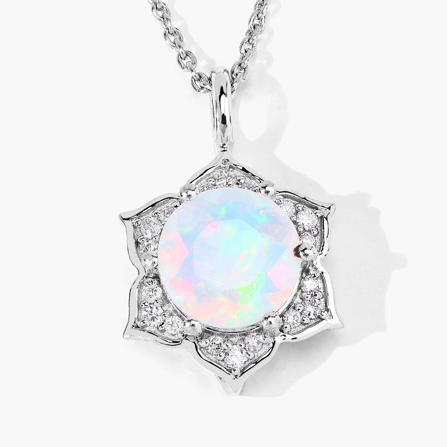 0.90 Ct round white Ethiopian Opal and Lab Diamond prong Silver flower pendant Necklace