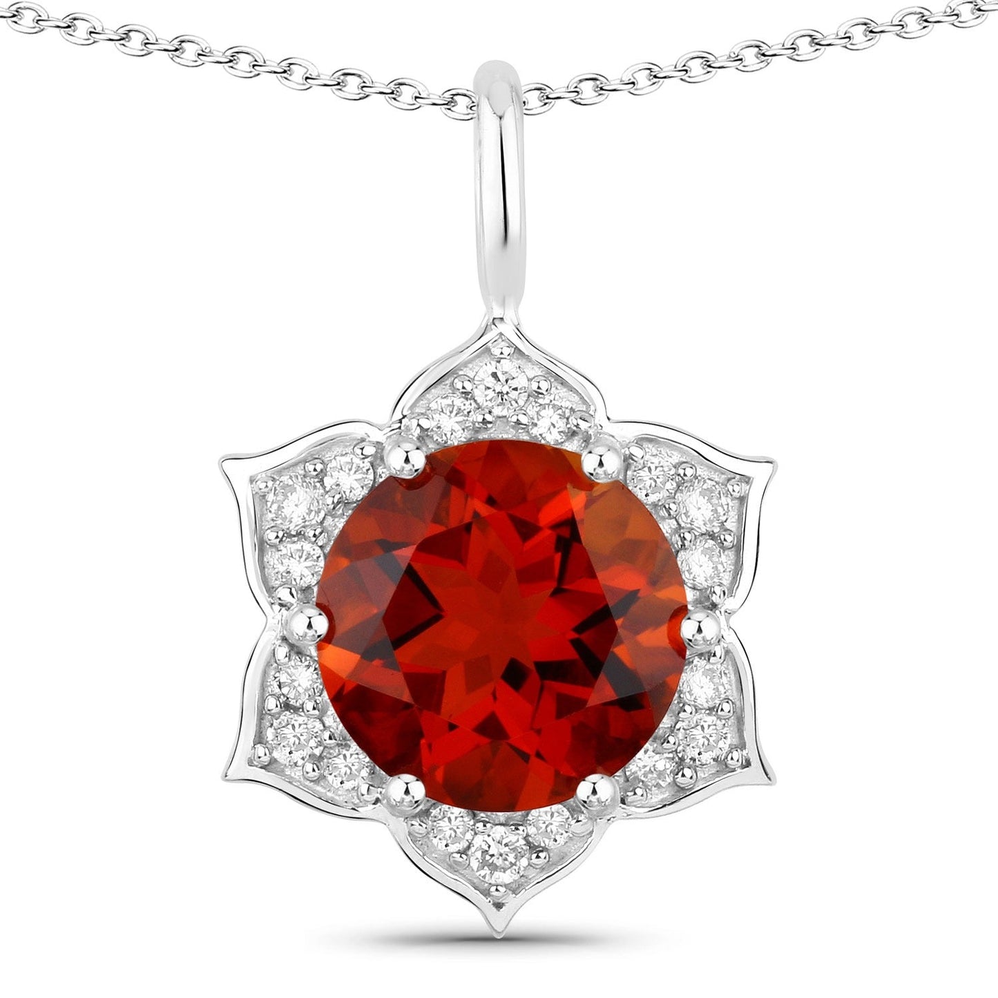 1.50 Ct round orange Madeira Citrine and Lab Diamond prong Silver flower pendant Necklace