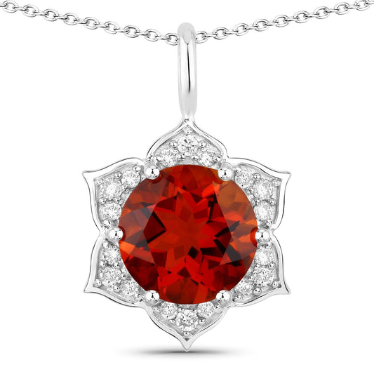 1.50 Ct round orange Madeira Citrine and Lab Diamond prong Silver flower pendant Necklace