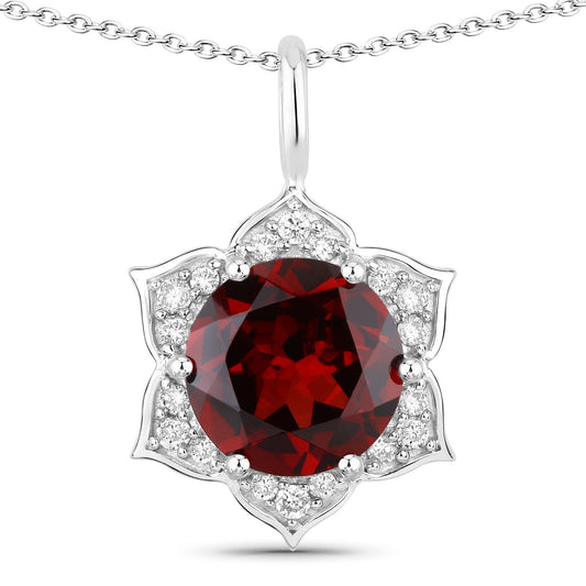 2.25 Ct round red Mozambique Garnet and Lab Diamond prong Silver flower pendant Necklace