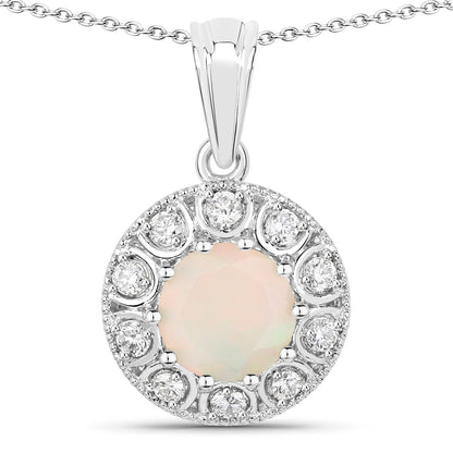 0.90 Ct round white Ethiopian Opal and Lab Diamond prong Silver Halo pendant Necklace