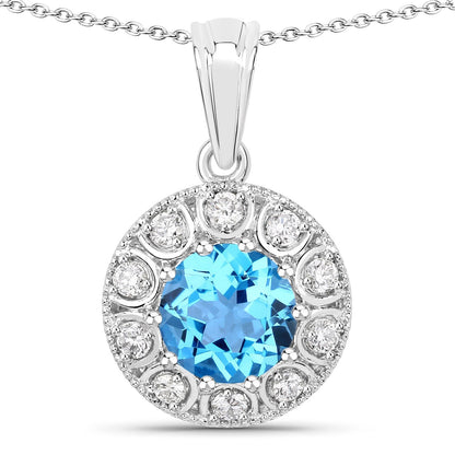 2.25 Ct round Swiss Blue Topaz & Lab Diamond prong Silver Halo pendant Necklace