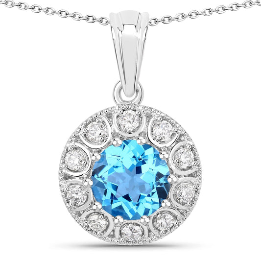 2.25 Ct round Swiss Blue Topaz & Lab Diamond prong Silver Halo pendant Necklace