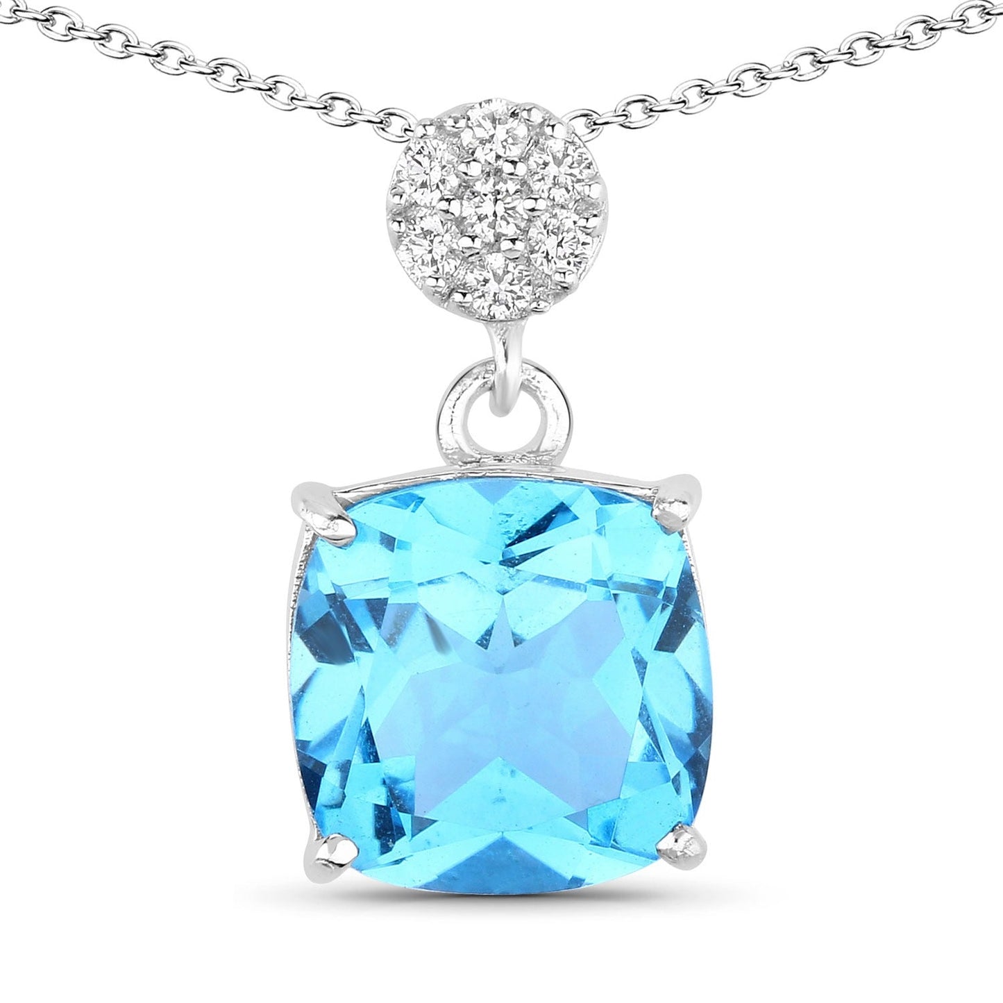 3.40 Ct Cushion Swiss Blue Topaz & Lab Diamond prong Silver Slide Pendant Necklace