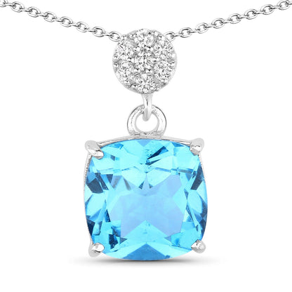 3.40 Ct Cushion Swiss Blue Topaz & Lab Diamond prong Silver Slide Pendant Necklace