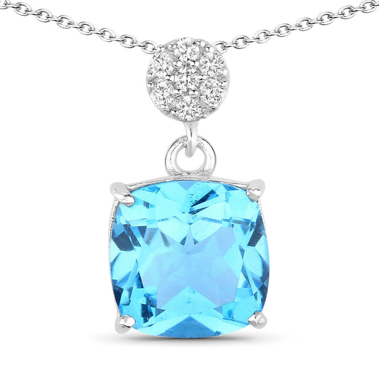 3.40 Ct Cushion Swiss Blue Topaz & Lab Diamond prong Silver Slide Pendant Necklace
