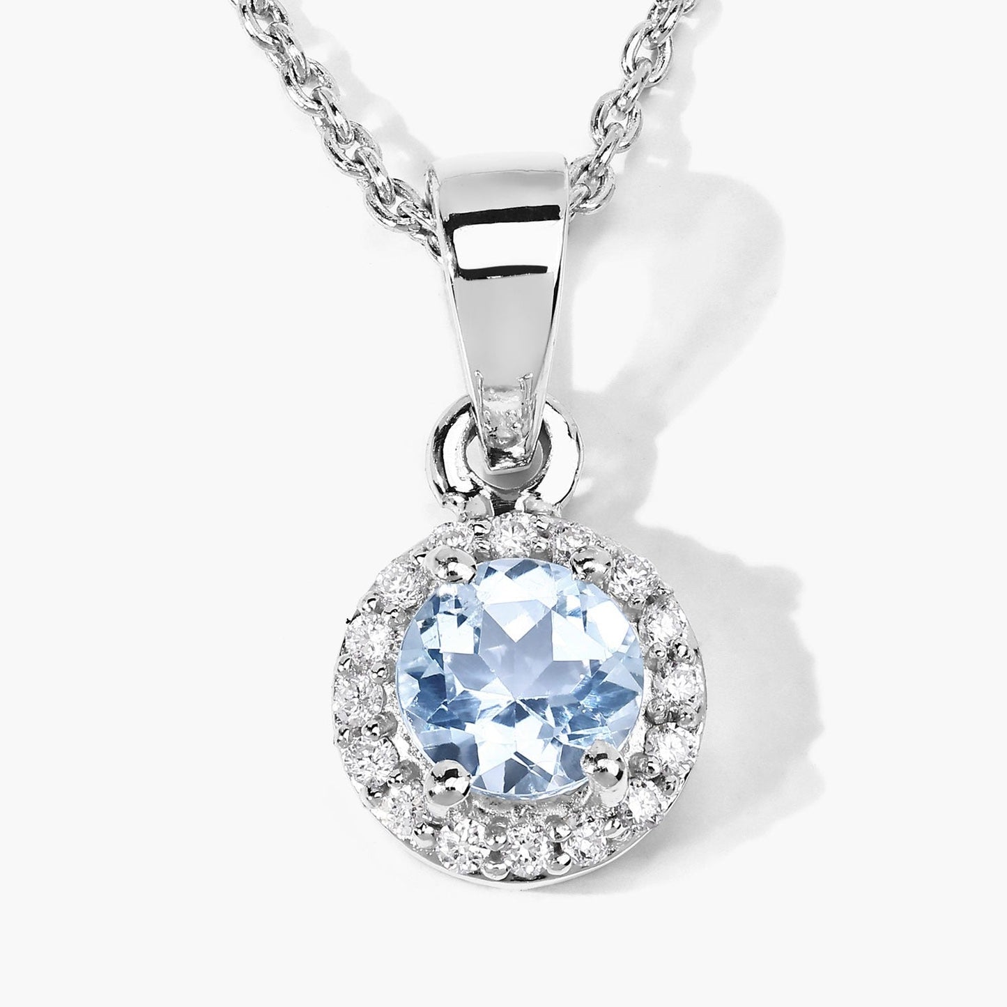 0.38 Ct round blue Aquamarine & Lab Diamond prong Silver Halo pendant Necklace