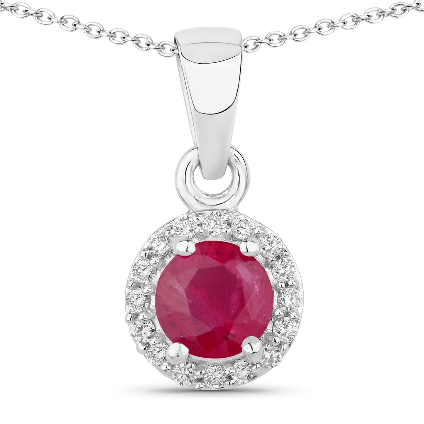 0.55 Ct Round Pink Mozambique Ruby & Lab Diamond prong Silver Halo pendant Necklace