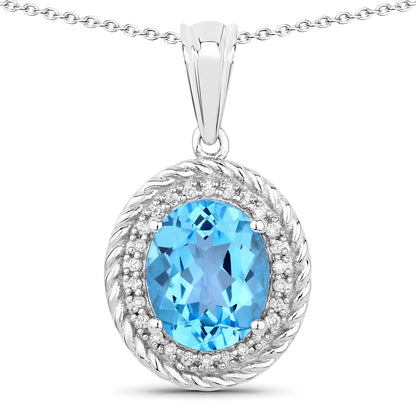 4 Ct Oval Swiss Blue Topaz & Lab Diamond Prong Silver Halo Pendant Necklace