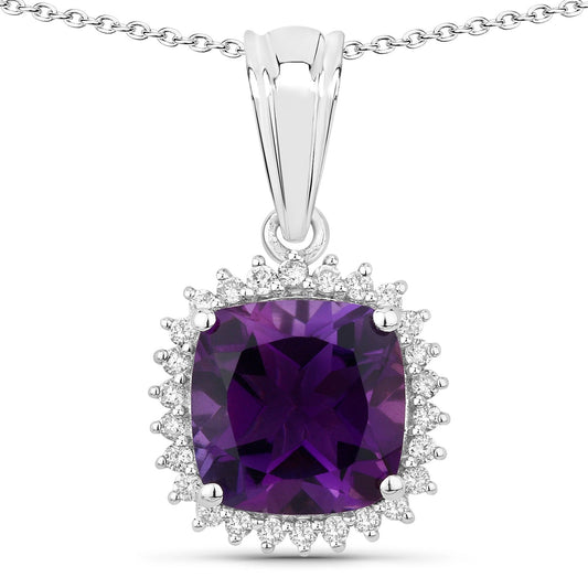 2.60 Ct Cushion Purple Amethyst & Lab Diamond Prong Silver Halo Pendant Necklace