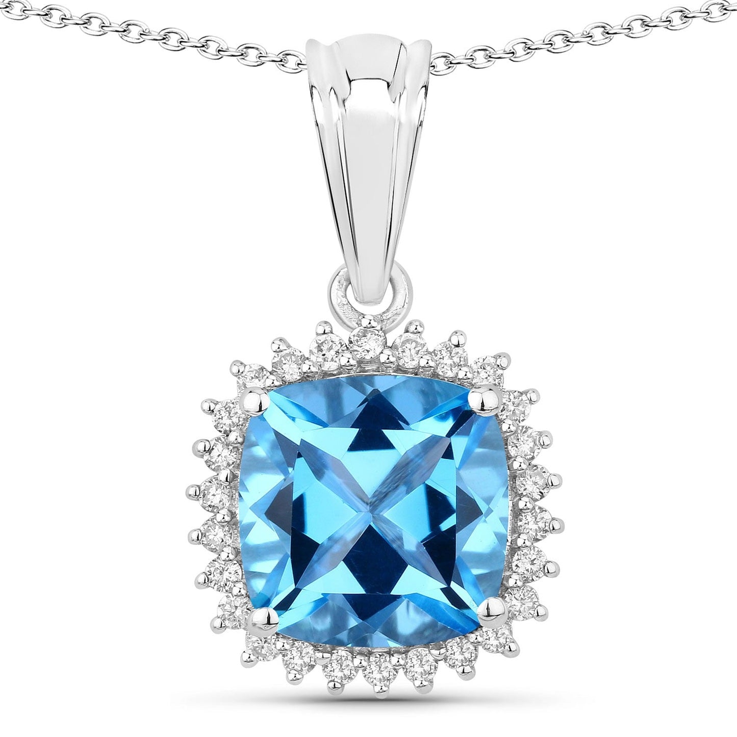3.40 Ct Cushion Swiss Blue Topaz & Lab Diamond Prong Silver Halo Pendant Necklace