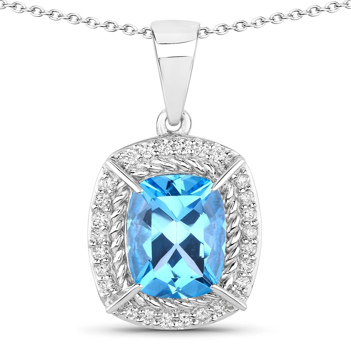 3.50 Ct Cushion Swiss Blue Topaz & Lab Diamond Prong Silver Halo Pendant Necklace