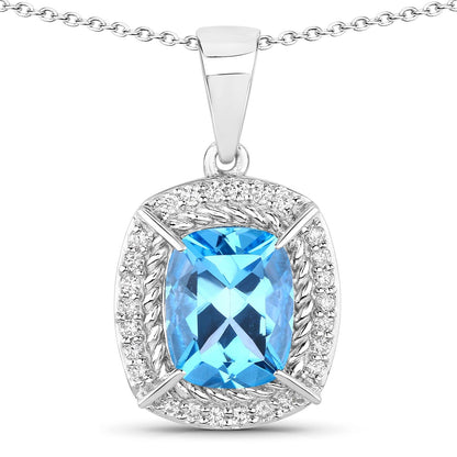 3.50 Ct Cushion Swiss Blue Topaz & Lab Diamond Prong Silver Halo Pendant Necklace