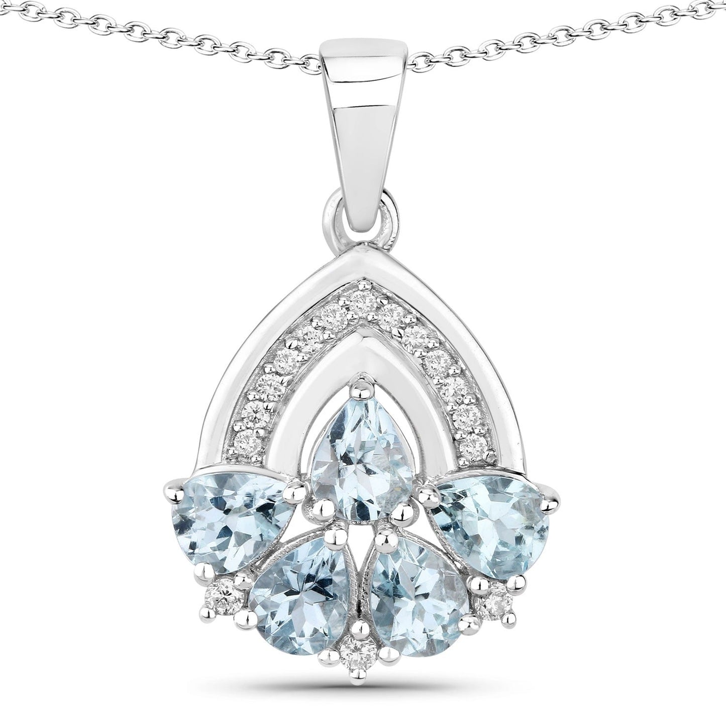 1.10 Ct Pear Blue Aquamarine & Lab Diamond Prong Silver Five Stone Pendant Necklace