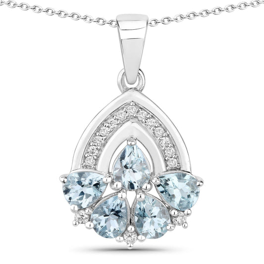 1.10 Ct Pear Blue Aquamarine & Lab Diamond Prong Silver Five Stone Pendant Necklace