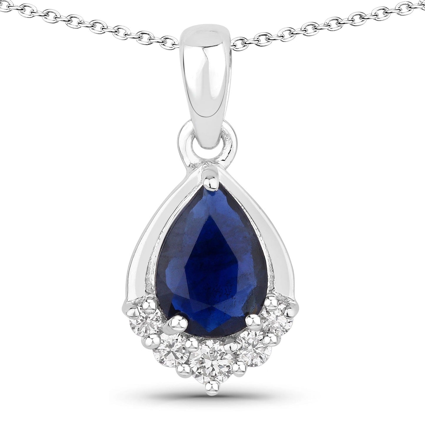0.80 Ct Pear Blue Sapphire & Lab Diamond Prong Silver Teardrop Pendant Necklace