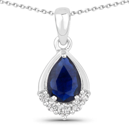 0.80 Ct Pear Blue Sapphire & Lab Diamond Prong Silver Teardrop Pendant Necklace