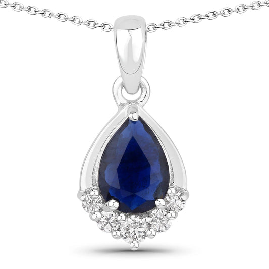0.80 Ct Pear Blue Sapphire & Lab Diamond Prong Silver Teardrop Pendant Necklace