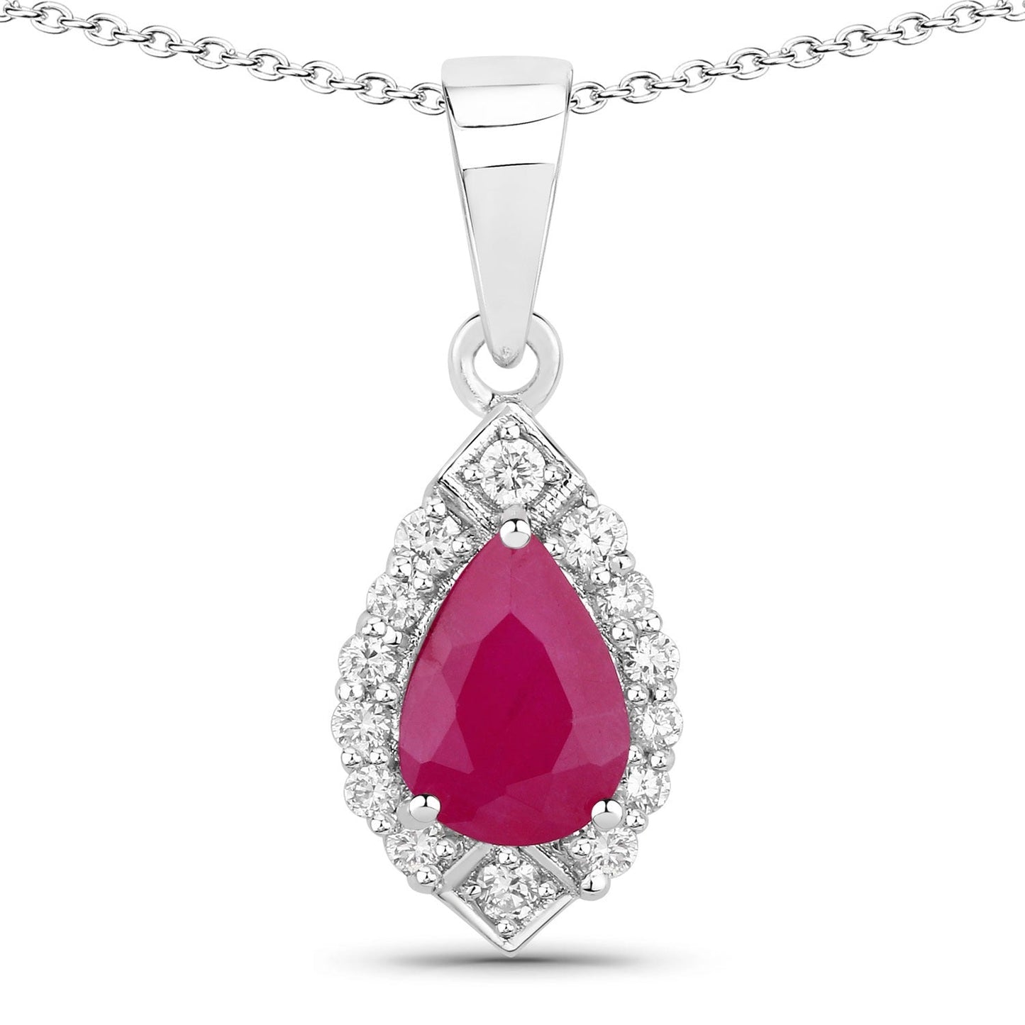 0.80 Ct Pear Pink Mozambique Ruby & Lab Diamond Prong Silver Teardrop Halo Pendant Necklace