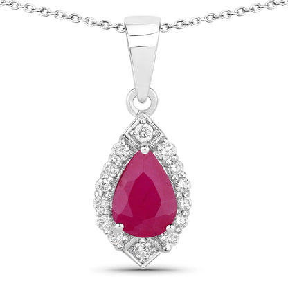 0.80 Ct Pear Pink Mozambique Ruby & Lab Diamond Prong Silver Teardrop Halo Pendant Necklace