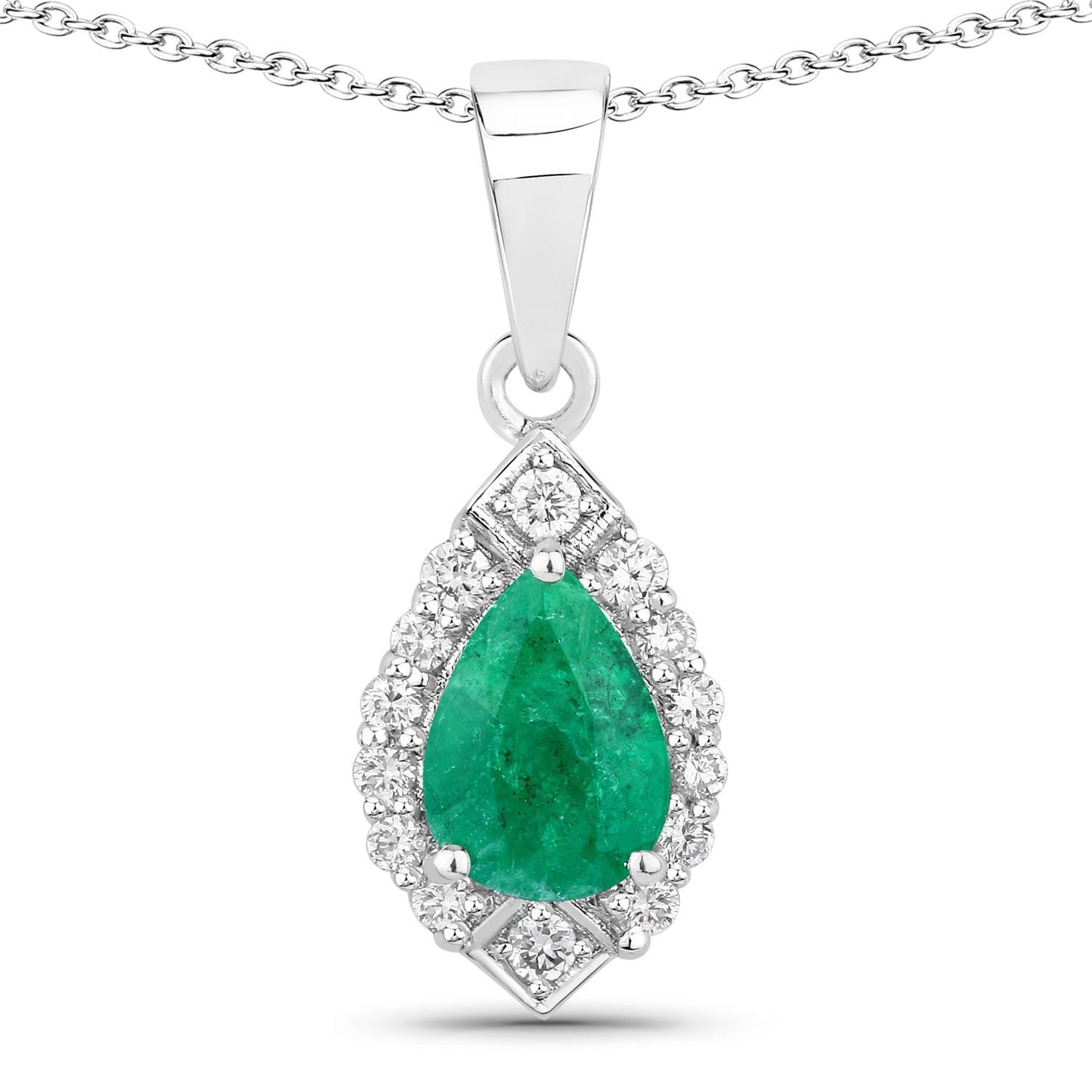 0.65 Ct Pear Green Zambian Emerald & Lab Diamond Prong Silver Teardrop Halo Pendant Necklace