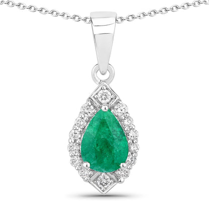 0.65 Ct Pear Green Zambian Emerald & Lab Diamond Prong Silver Teardrop Halo Pendant Necklace