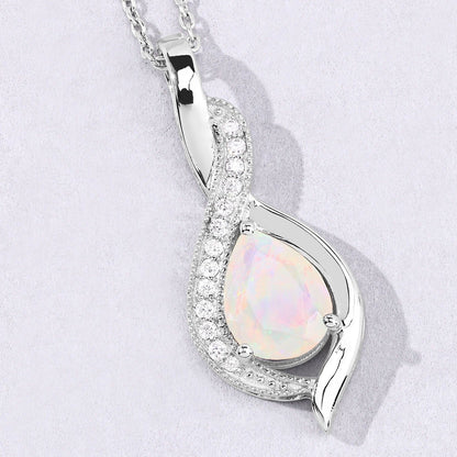 0.90 Ct Pear White Ethiopian Opal & Lab Diamond Prong Silver Teardrop Crossover Pendant Necklace